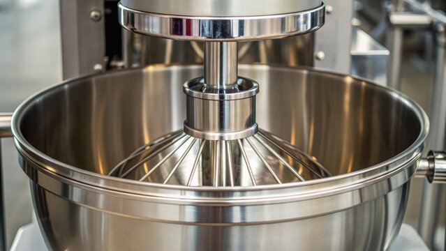 Metallic mixing bowl of a commercial kitchen mixer, showcasing intricate design and engineering for food preparation.