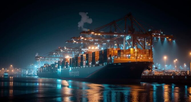Large Container Ship Docked at Night Port