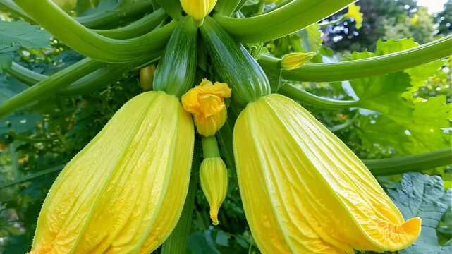 Vibrant yellow zucchini blossoms unfurl on lush green vines in a sun-drenched garden.
