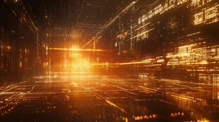 Digital data stream flowing through abstract technological tunnel