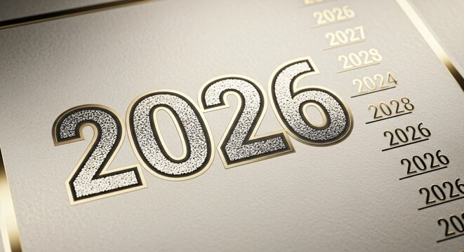 Closeup of the year 2026 embossed on a textured surface, with a list of subsequent years visible in the background, suggesting a calendar or planner