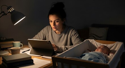 Focused woman works on a tablet at night while her baby sleeps in a crib balancing work and motherhood
