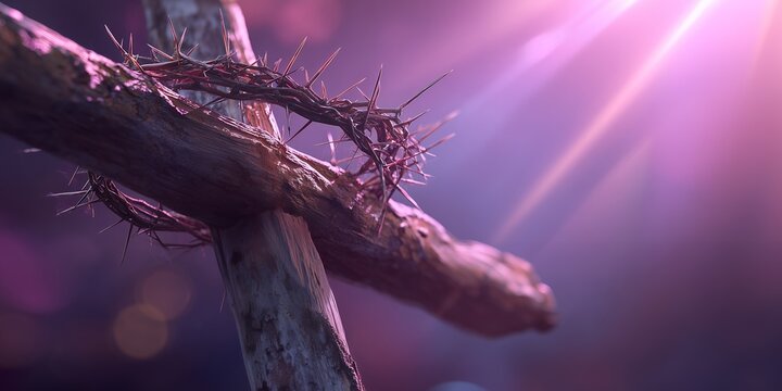 Rustic wooden cross with a crown of thorns against a glowing purple background, concept for Easter celebration, religious symbolism and spiritual meditation - Powered by Adobe