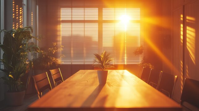 Office meeting room interior with warm sunset light