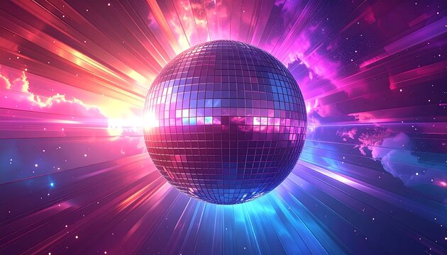 A vibrant, glittering sphere bathed in rays of light, set against a backdrop of swirling clouds and celestial colors