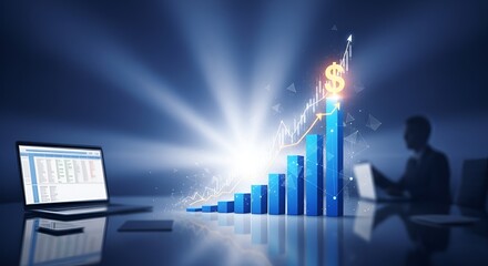 Stunning growth chart with dollar sign, financial success, and business profits in a modern office environment showing upward trend and positive gains