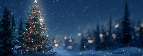 Festive Christmas tree adorned with lights and ornaments in snowy landscape at night, concept for holiday greetings, festive backdrops and winter promotions