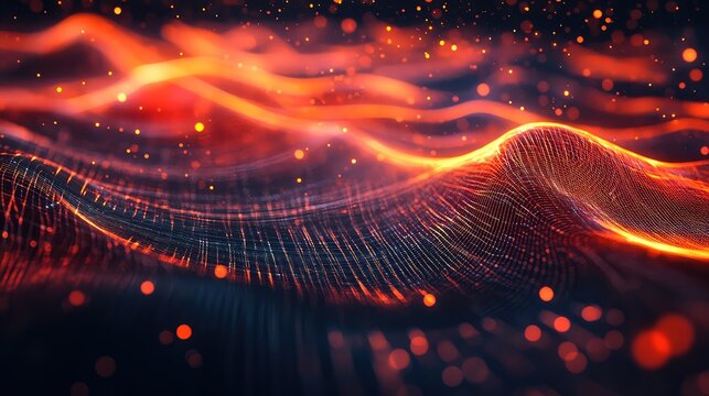Abstract glowing particle waves forming digital network background