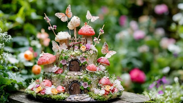 Enchanting Fairy Mushroom House Miniature Garden Scene with Butterflies.