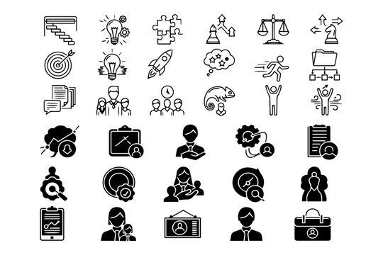 Minimalist soft skills line icon set with editable stroke, featuring project management, problem solving, decision making, strategy, creative, innitiative, organization, adaptability.