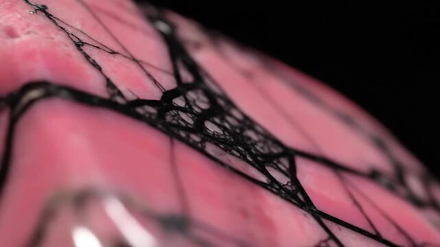 Macro Photography of Pink Rhodonite Gemstone with Black Veins, Natural Stone Close Up