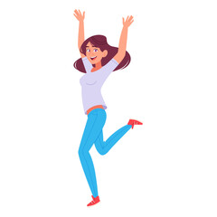 Happy Young Woman Jumping with Joy and Raised Arms