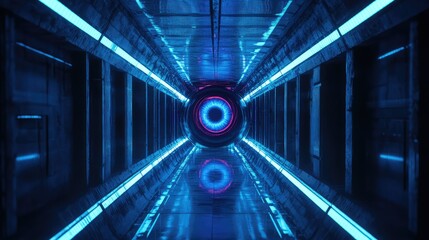 Futuristic digital tunnel with glowing artificial intelligence eye