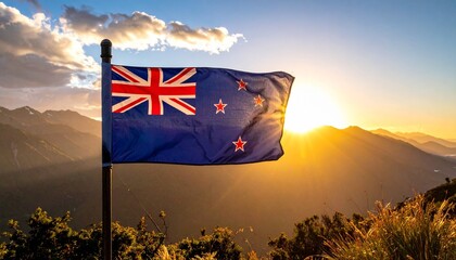 New Zealand flag waving at sunset, rolling green hills backdrop, national pride meets natural serenity.