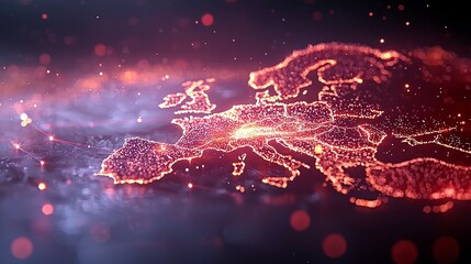 A luminous, particle-based representation of the continent of Europe glows with interconnected lines and bright spots against a dark, bokeh-filled background.