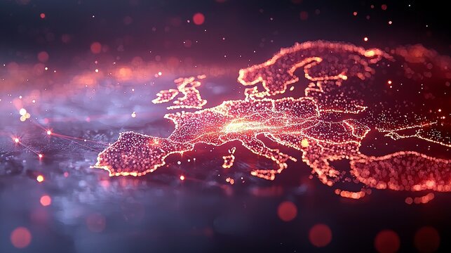 A luminous, particle-based representation of the continent of Europe glows with interconnected lines and bright spots against a dark, bokeh-filled background. - Powered by Adobe