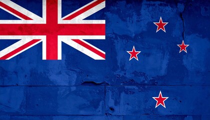 “New Zealand flag with blue field, Union Jack, and four red stars on cracked textured surface”