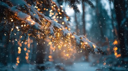 Magical winter forest scene with snow covered pine branches adorned with warm glowing fairy lights creating a festive atmosphere
