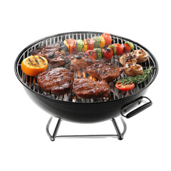 Barbecue grill cooking steaks mushrooms orange vegetable skewers with smoke food, Cut Out, Isolated On White Background, Png Transparent