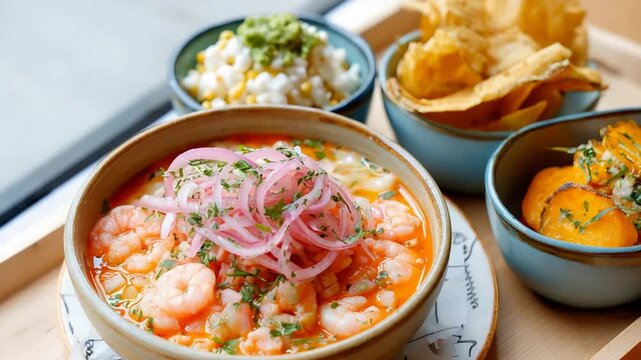 Delicious Shrimp Ceviche With Sweet Potatoes, Corn, and Crispy Plantains.