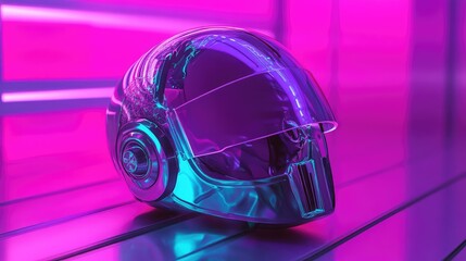 Chrome robot helmet glowing with neon cyberpunk lights