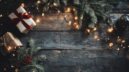 Cozy christmas scene with glowing fairy lights and wrapped gifts on a rustic wooden table background