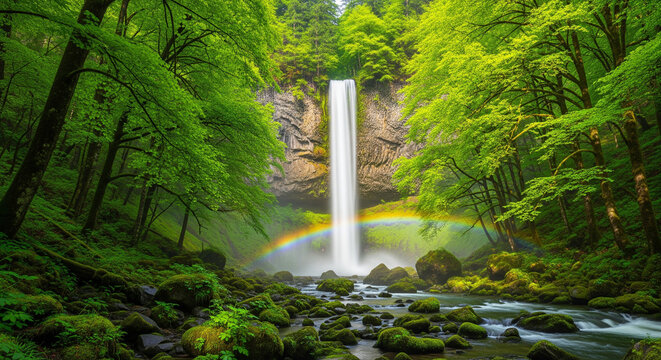 A lush green forest with a tall waterfall cascading down the rocks, a soft rainbow forming in the mist around the falls, vibrant healthy trees glowing in the morning light, and moss-covered stones sca