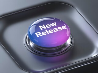 A glossy button labeled "New Release" in vibrant colors, suggesting excitement and anticipation for a product or update.