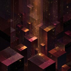 Abstract geometric cityscape with glowing particles and warm tones