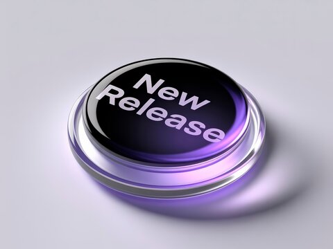 A glossy button featuring the text "New Release," illuminated with a purple edge, suggesting a modern and sleek design for digital announcements.