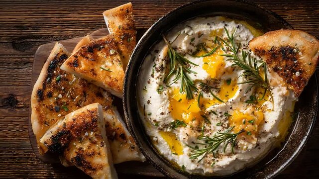 Delicious Creamy Hummus with Toasted Pita Bread and Rosemary Garnish.