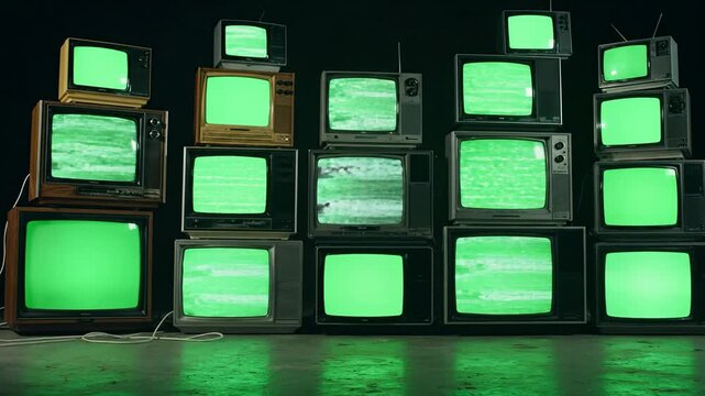 A stacked collection of vintage television sets displaying a vibrant green screen, evoking a retro tech aesthetic - Powered by Adobe