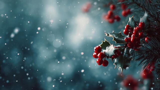 Close up of bright red berries on a snow covered evergreen branch with falling snowflakes in soft focus background