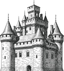 Obraz premium Medieval castle silhouette featuring multiple towers and ancient stone architecture