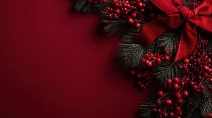 Festive christmas garland with vibrant red berries and a luxurious bow against a deep red background