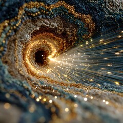 Abstract textured spiral with golden light rays and glittering details