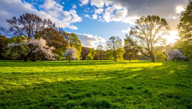 Sunny landscape of a green meadow, trees, and blue sky - Powered by Adobe