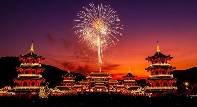 Batam Lunar Fair banner background, fireworks and pagoda lights