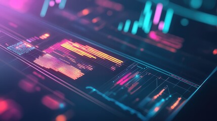 Financial data analytics dashboard with glowing charts and graphs
