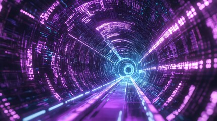 Navigating futuristic digital data tunnel with glowing lights