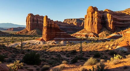 Dramatic Desert Landscape with Towering Rock Formations and Sparse Vegetation.