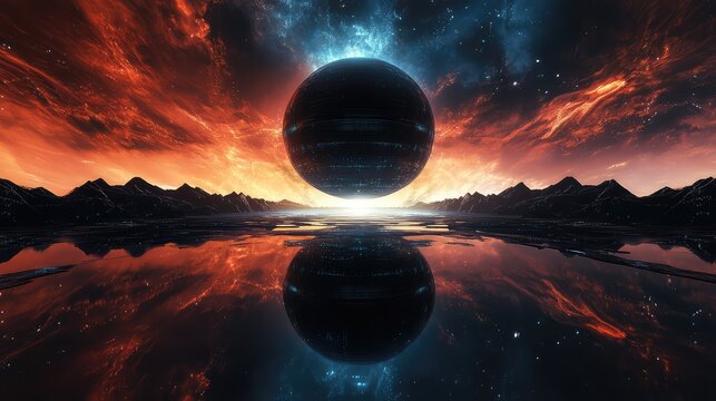 Futuristic sphere hovering above alien planet with cosmic sky