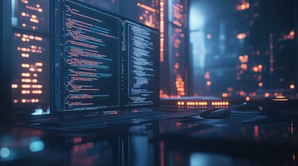 Computer monitor displaying code in a futuristic cityscape office