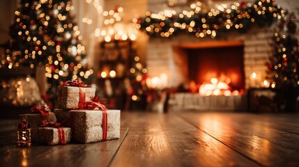 Cozy christmas eve scene with glowing fireplace decorated trees and stacked gift boxes on wooden floor