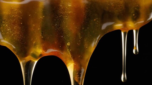 Golden honey dripping from a stick on a black background