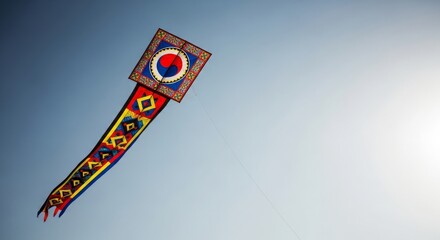 Korean traditional kite flying banner background, blue-sky winter gradient.
