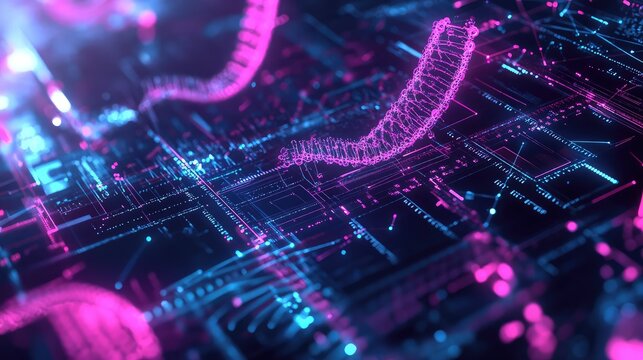 Dna helix connecting to futuristic digital circuit board - Powered by Adobe