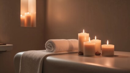 Warm & Tranquil Spa Setting with Candles and Towels Ready for a Relaxing Massage