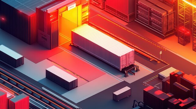 Automated logistics hub moving shipping containers at night