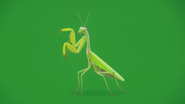 Green praying mantis in predatory stance on a green background